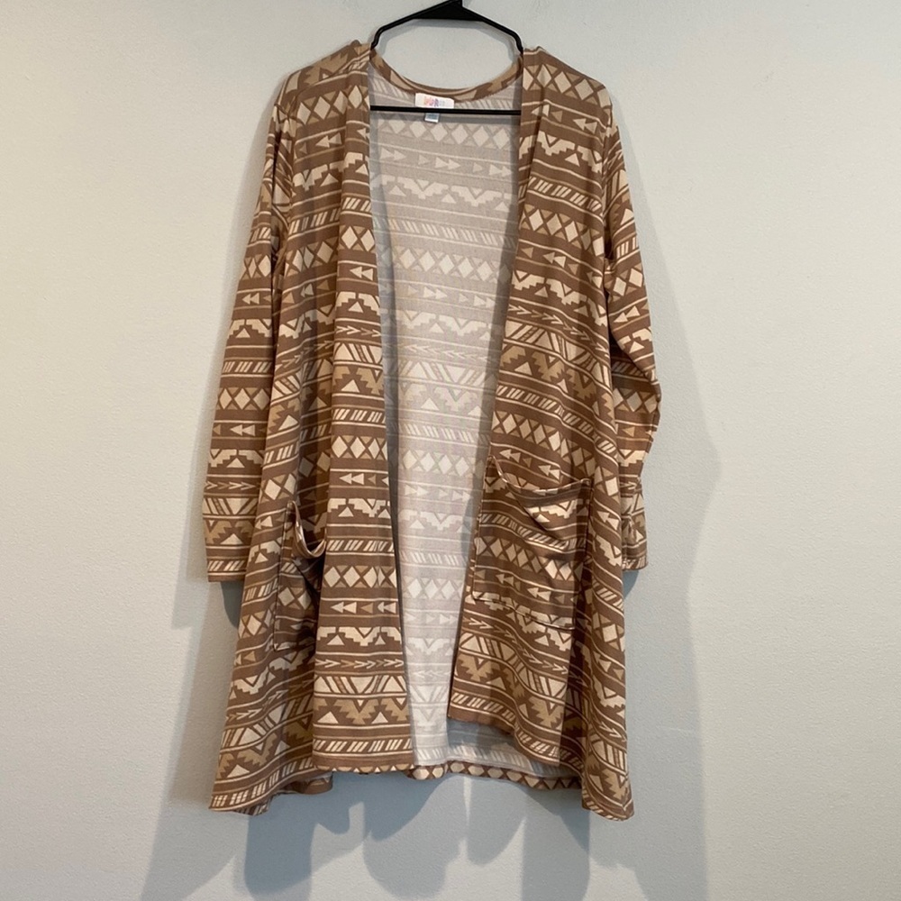 Lularoe Tan and Cream Boho Patterned Cardigan with Pockets - Size Extra Large